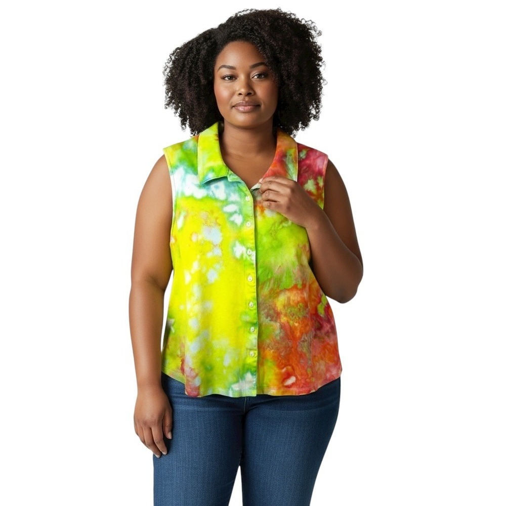 Isaac Mizrahi Large Top Handmade‎ Tie Dye Green Red Sleeveless Collared 1735